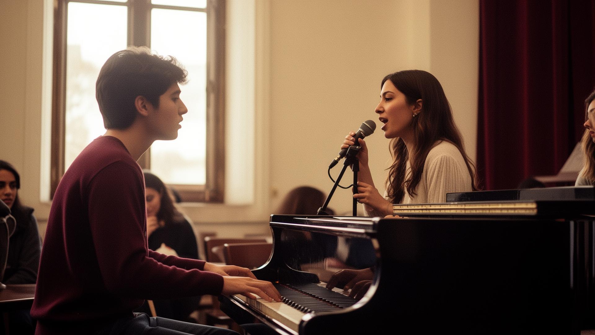 Alumnos de la academia tocando piano y cantando
