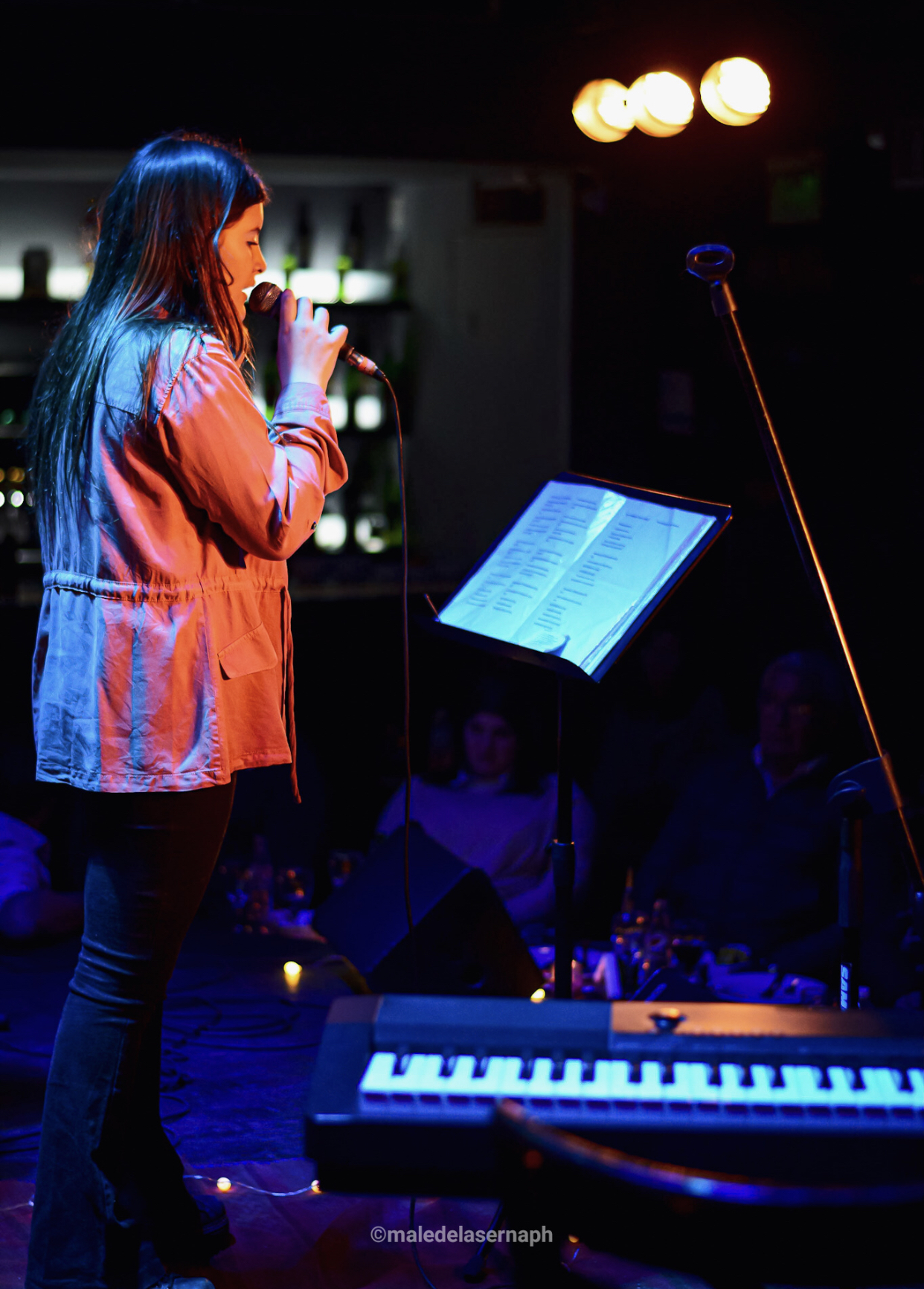 Cantante con camisa roja interpretando en el escenario